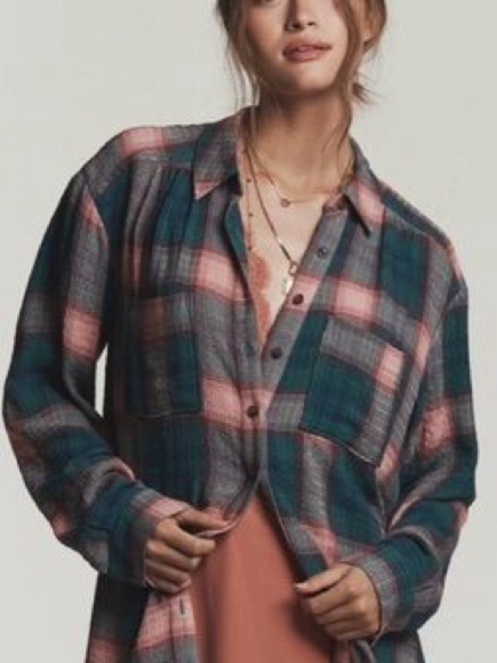Anthropologie Pilcro Teal and Pink Plaid Button-Down Shirt